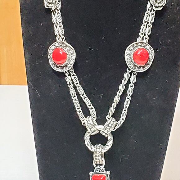 Red Silver Tone Chunky Cross Rose Charms Double Chain Necklace 22" Unsigned - Picture 8 of 9